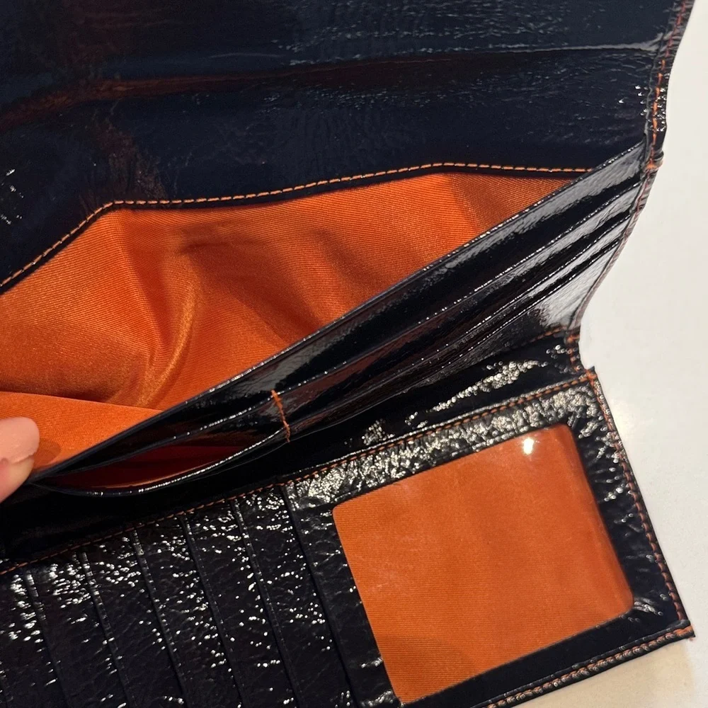 L. Erickson Trifold Envelope Style Patent Leather Black Clutch with Buckle